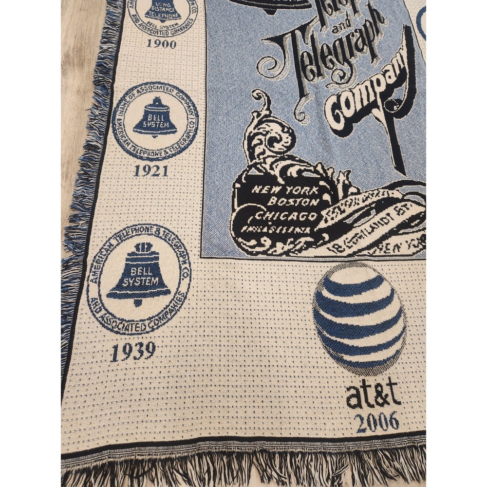 Vintage Tapestry Throw Blanket AT&T Telephone Phone Timeline Blue Cream 70x47" - Picture 6 of 8